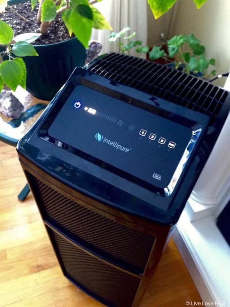 A black Intellipure Ultrafine 468 air purifier is pictured from above next to a glass table that has a green plant on it.