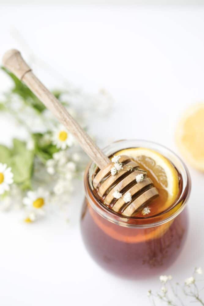 A cup of tea containing a lemon and honey. 