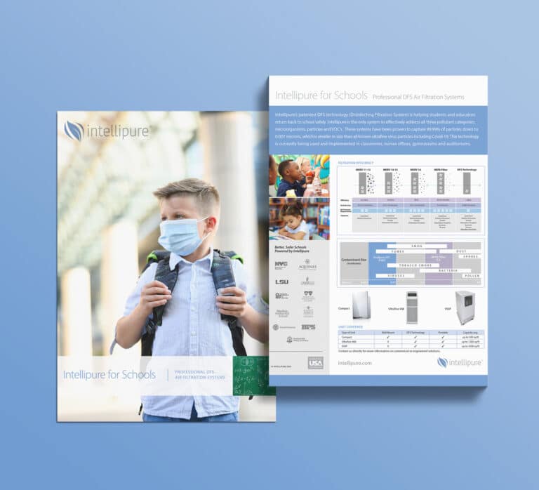 Information and graphics about Intellipure partnerships, DFS technology, and each unit is displayed on a one-sheet about Intellipure for schools.